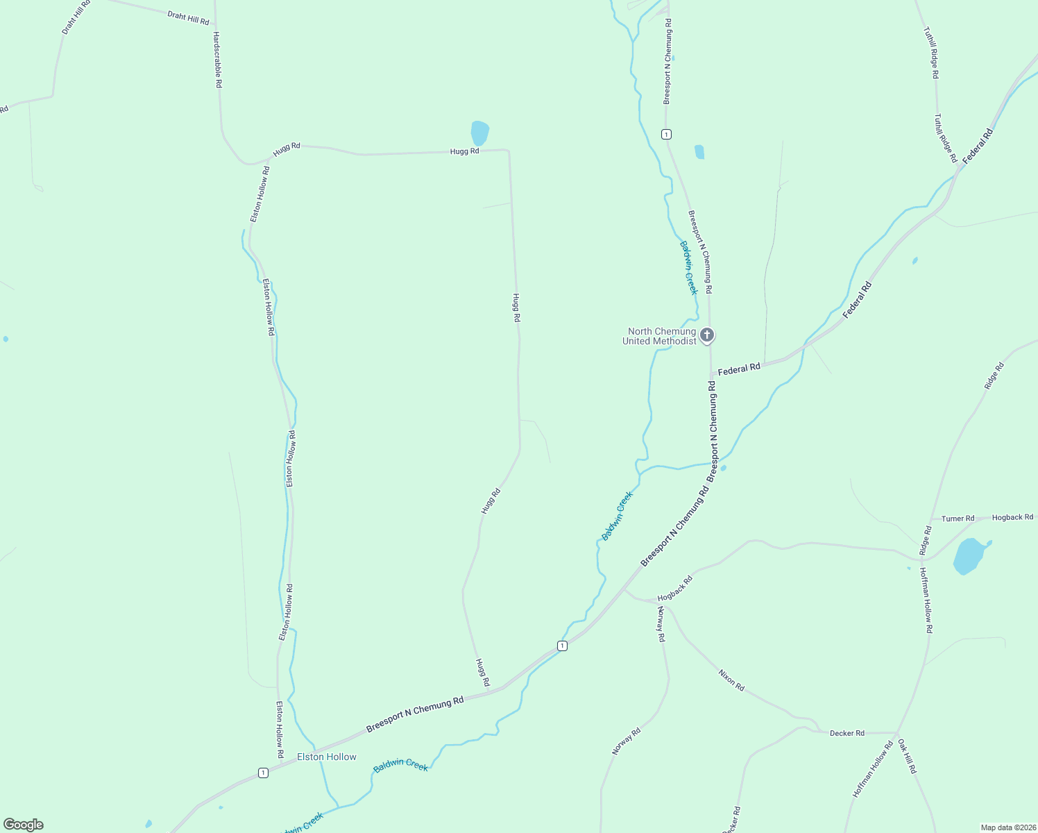 map of restaurants, bars, coffee shops, grocery stores, and more near Hugg Road in Chemung County