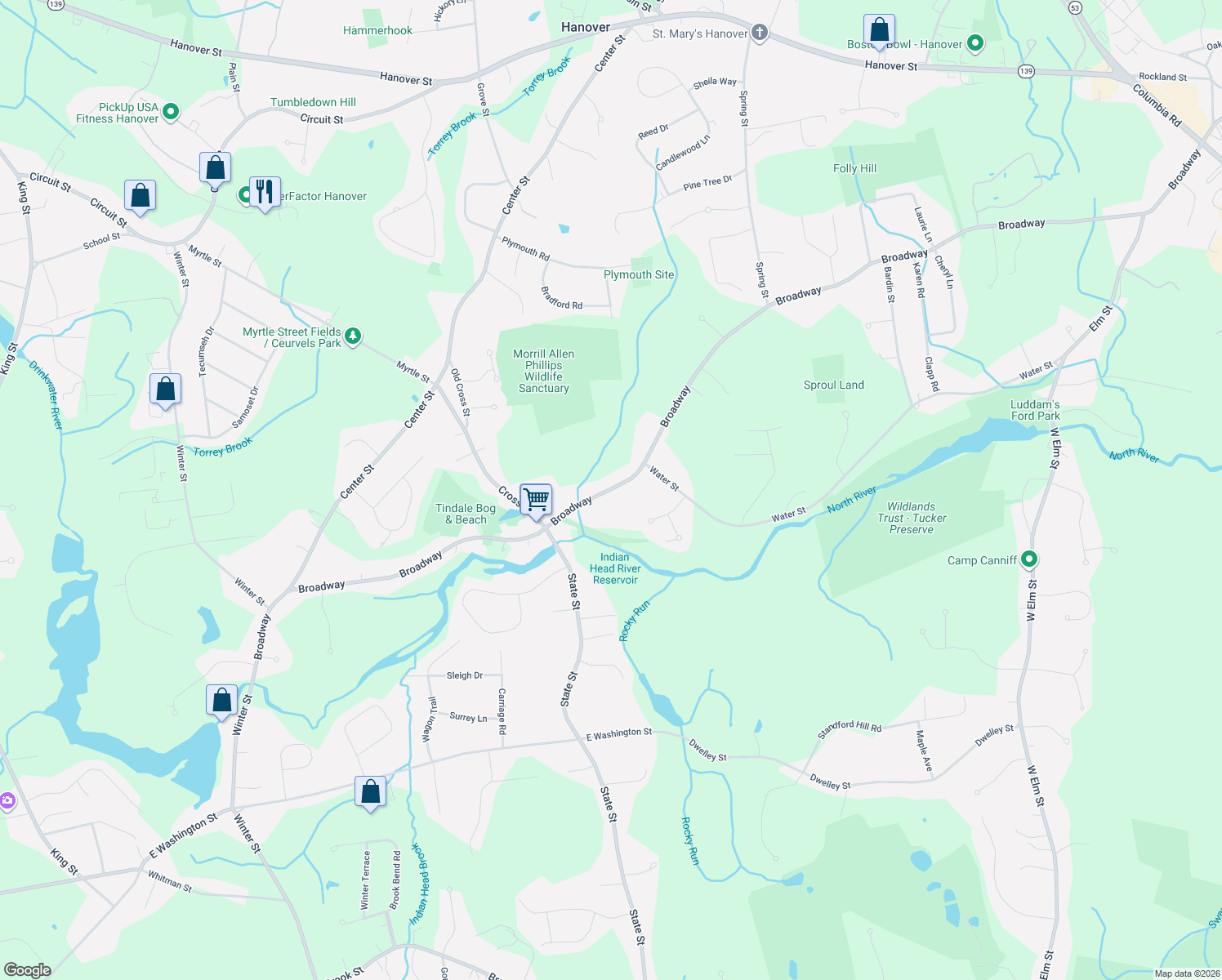 map of restaurants, bars, coffee shops, grocery stores, and more near 1062 Broadway in Hanover