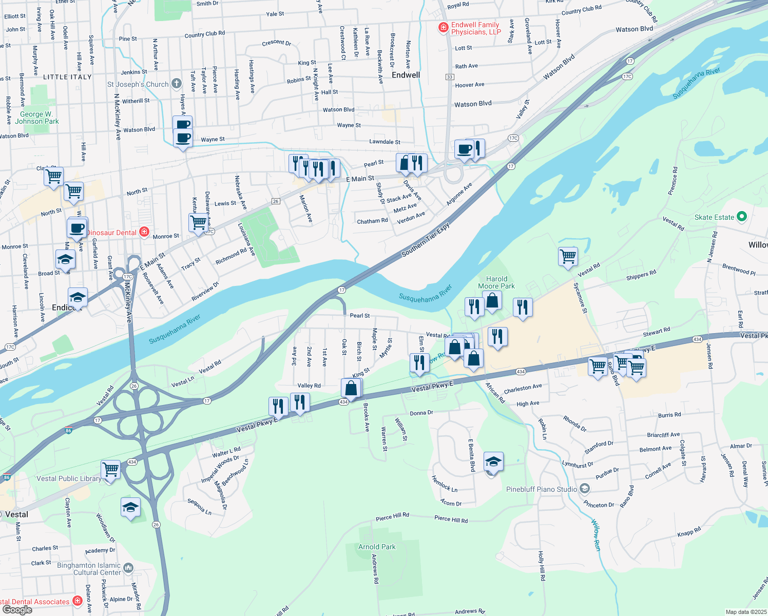 map of restaurants, bars, coffee shops, grocery stores, and more near 1913 Pearl St in Vestal
