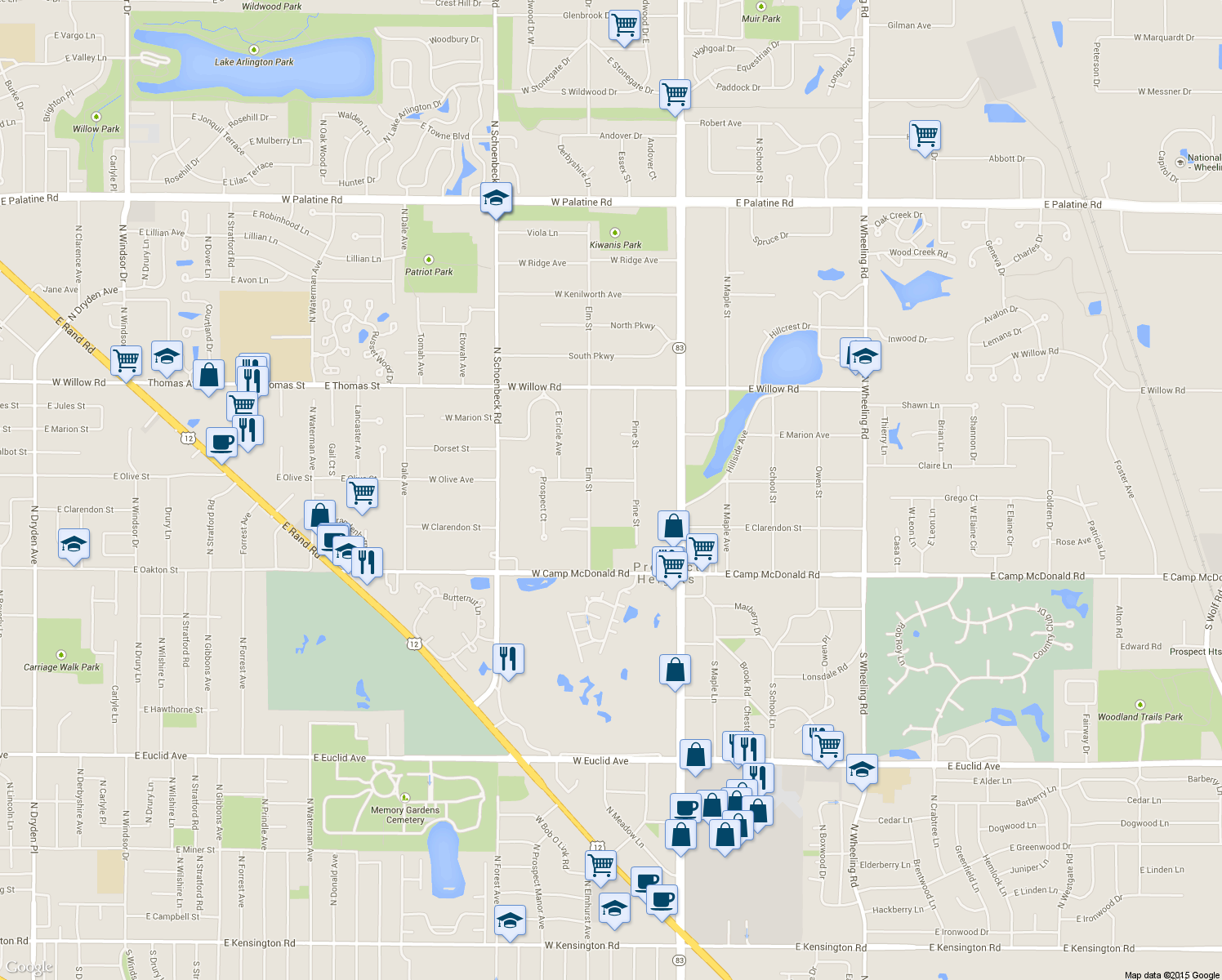 map of restaurants, bars, coffee shops, grocery stores, and more near 105 West Olive Avenue in Prospect Heights