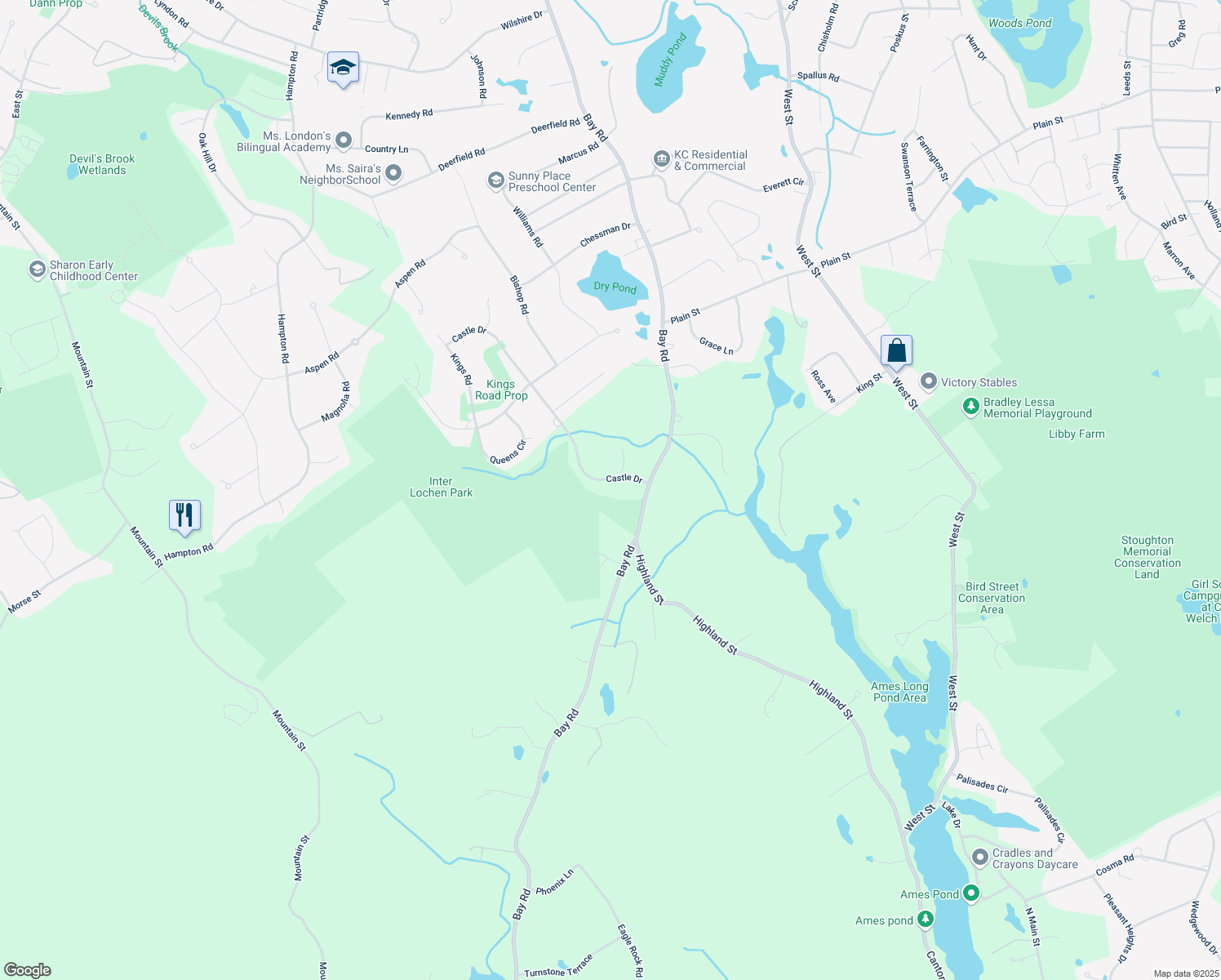 map of restaurants, bars, coffee shops, grocery stores, and more near 6 Castle Dr in Sharon