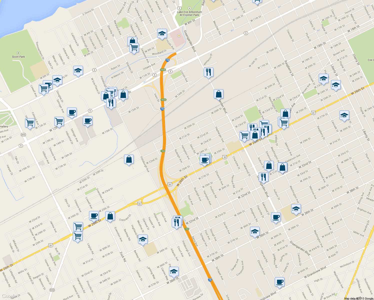 map of restaurants, bars, coffee shops, grocery stores, and more near 1920 W 23rd St in Erie