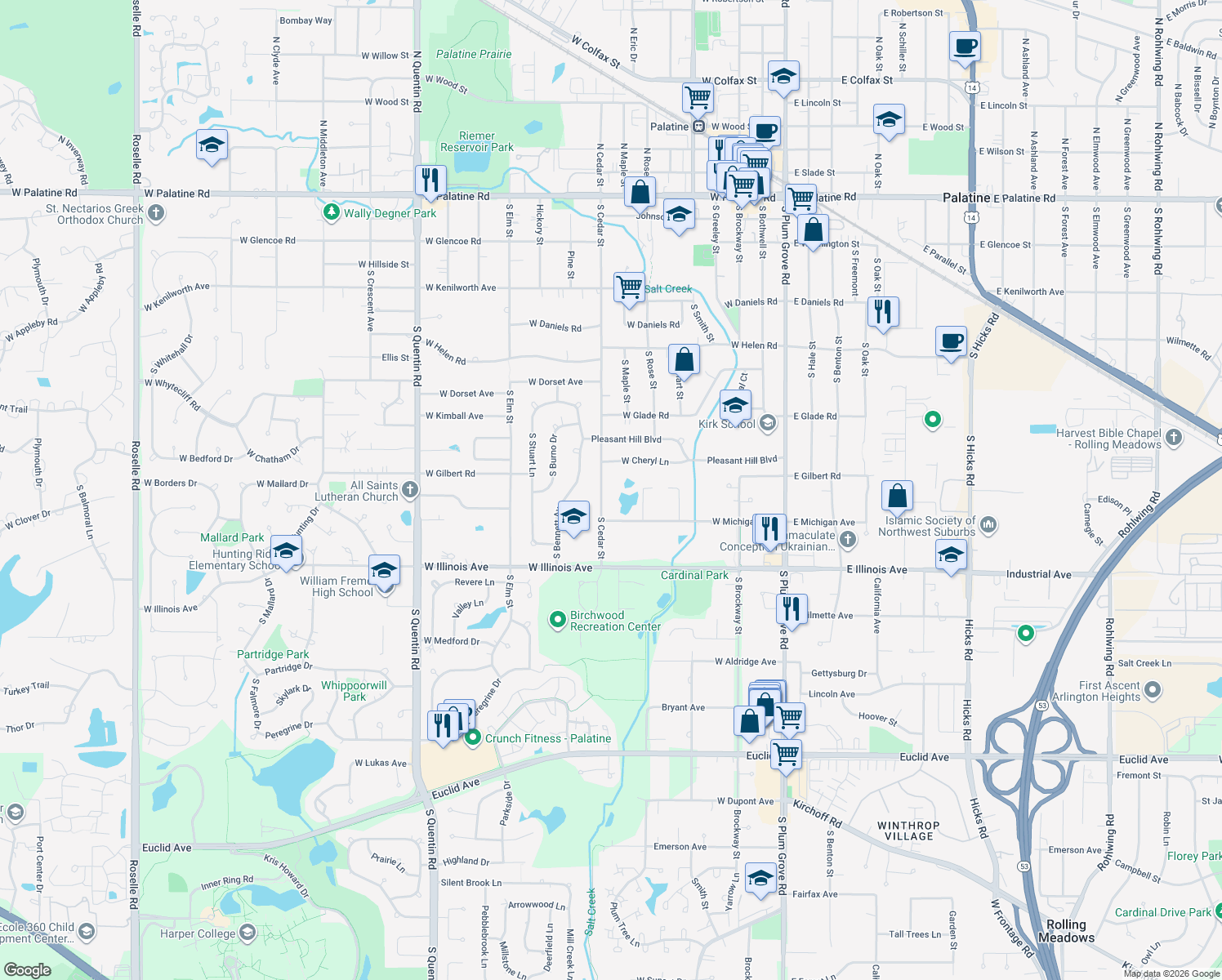 map of restaurants, bars, coffee shops, grocery stores, and more near 615 South Cedar Street in Palatine