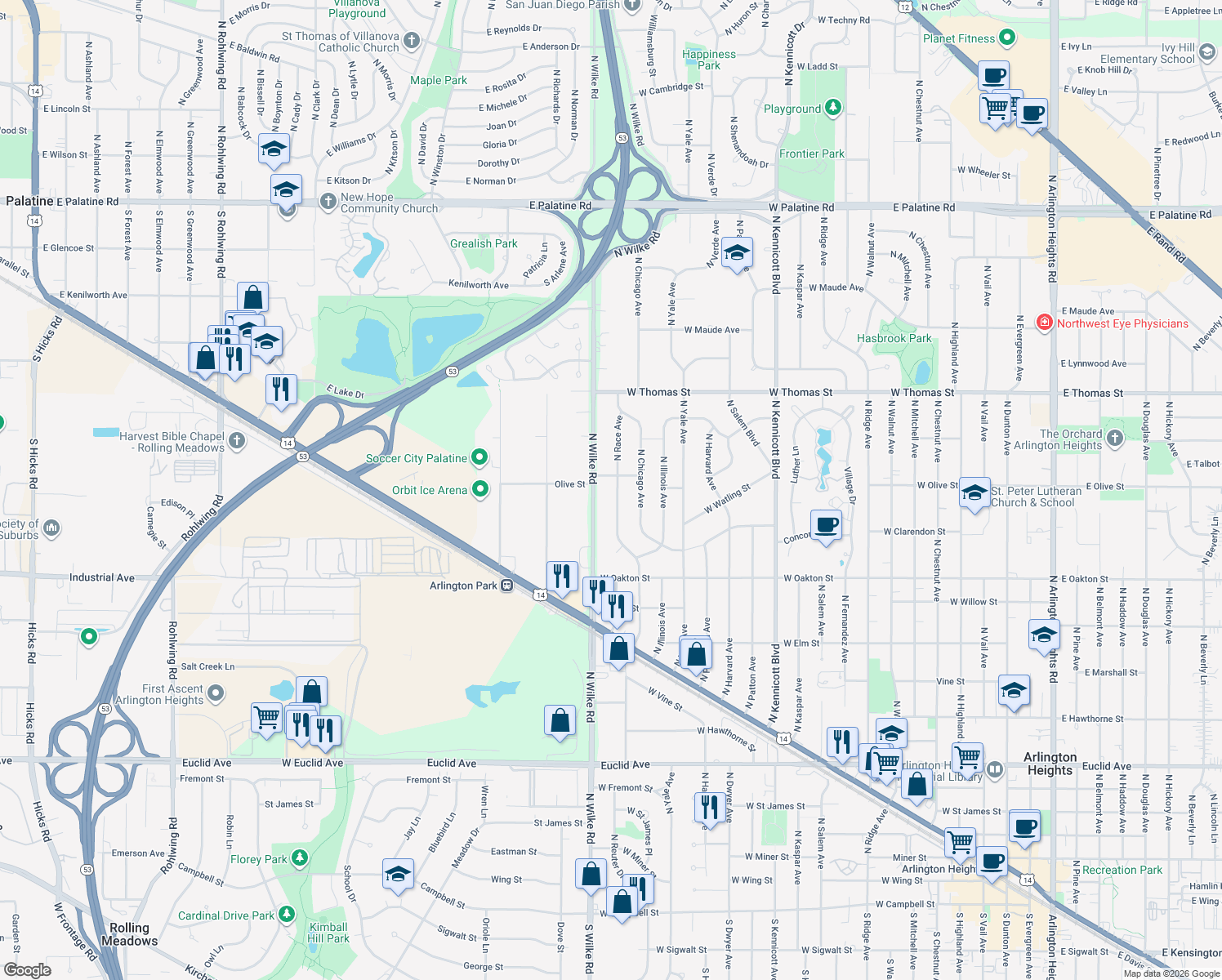 map of restaurants, bars, coffee shops, grocery stores, and more near 1252 North Race Avenue in Arlington Heights