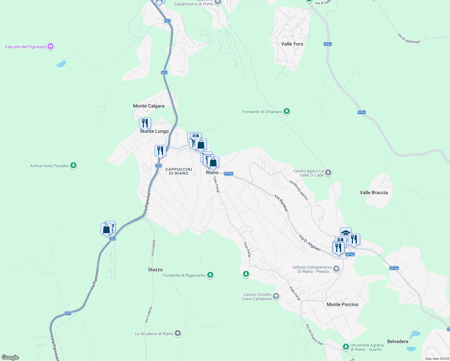 map of restaurants, bars, coffee shops, grocery stores, and more near 14 Via del Raccordo del Pontaccio in Riano