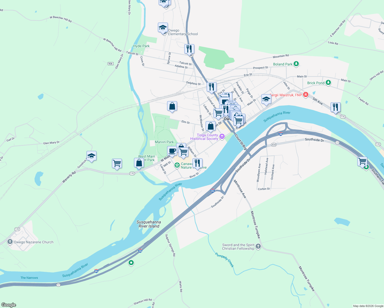 map of restaurants, bars, coffee shops, grocery stores, and more near 73 William St in Owego