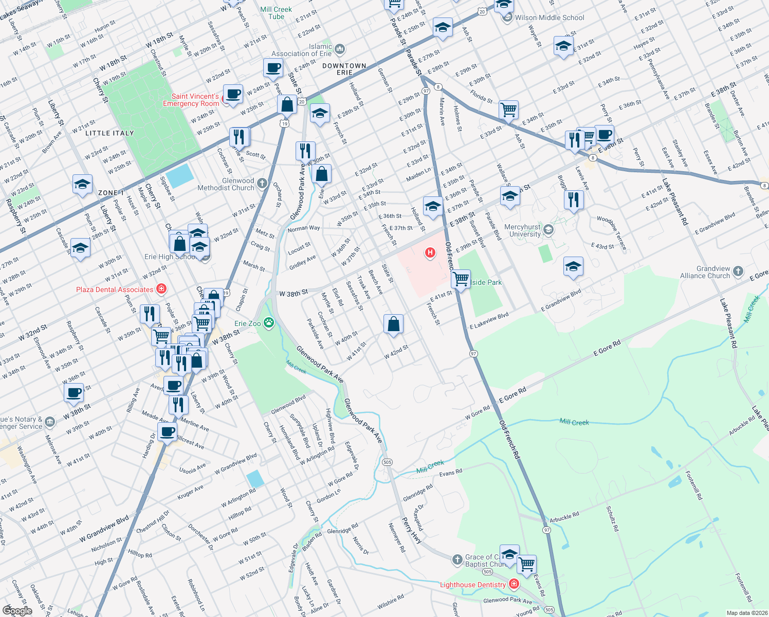 map of restaurants, bars, coffee shops, grocery stores, and more near 4002 Beech Avenue in Erie