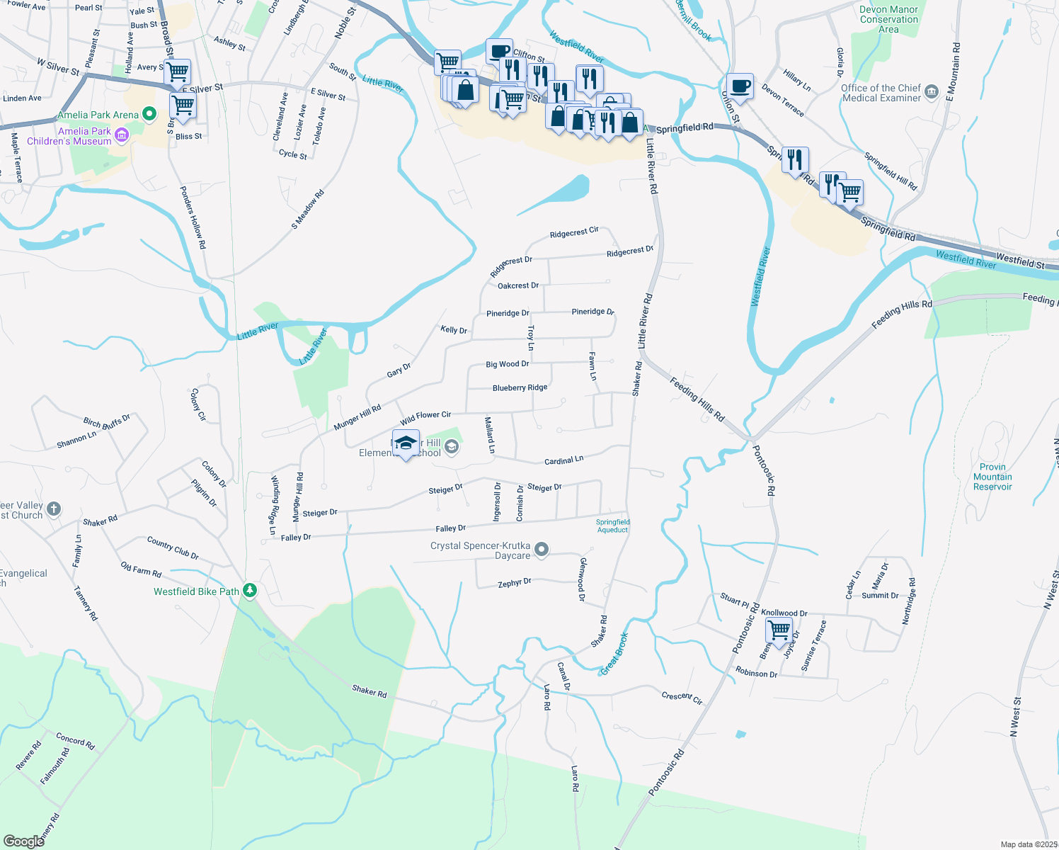 map of restaurants, bars, coffee shops, grocery stores, and more near 23 Lady Slipper Cir in Westfield