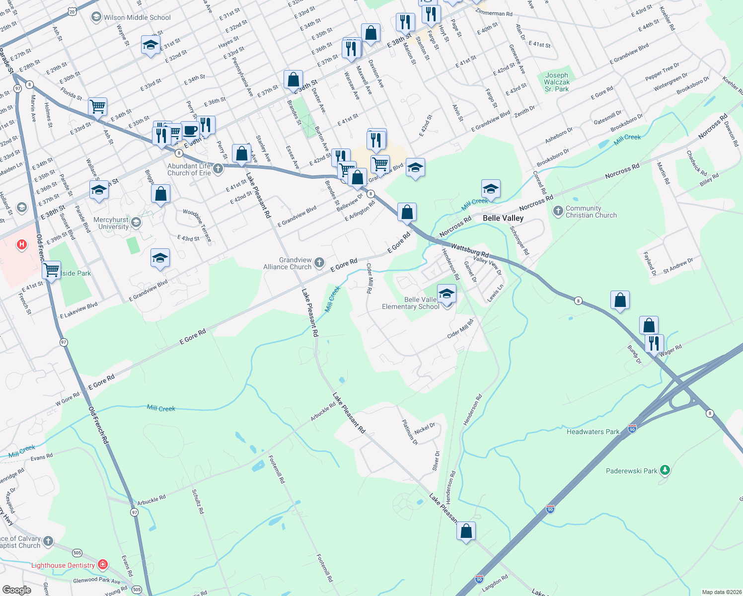 map of restaurants, bars, coffee shops, grocery stores, and more near 5123 Cider Mill Rd in Erie