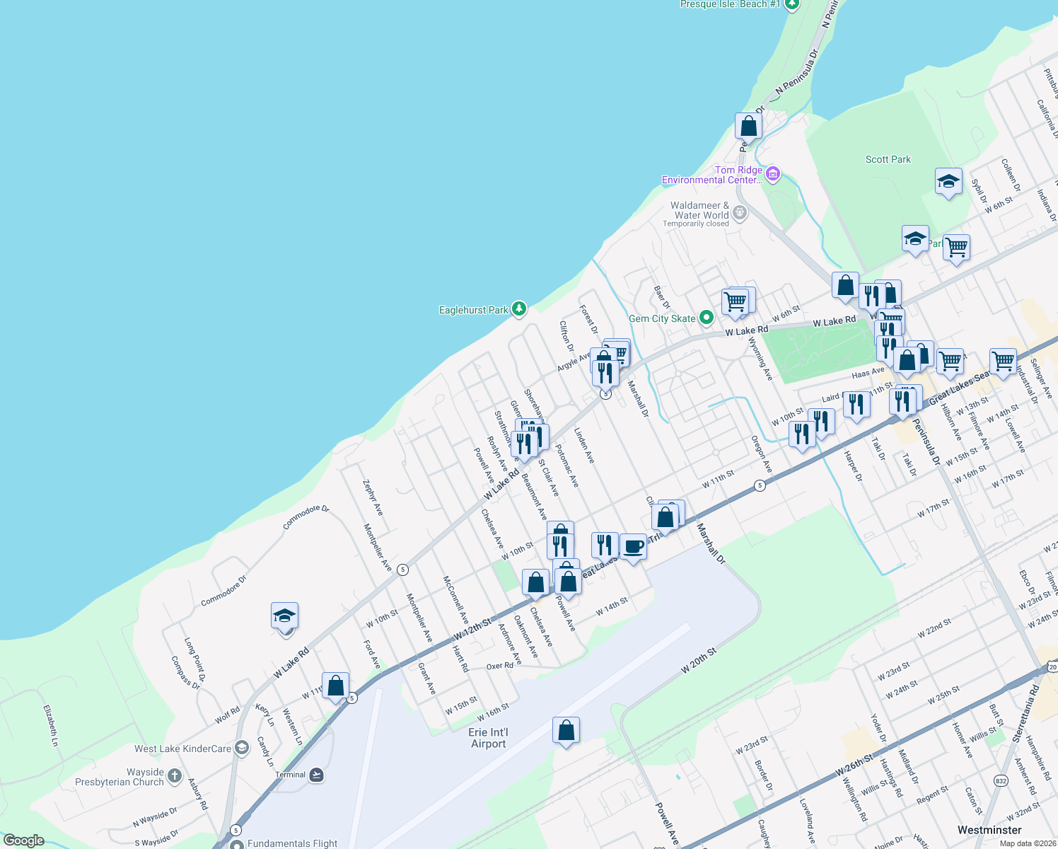 map of restaurants, bars, coffee shops, grocery stores, and more near 519 Glenruadh Ave in Erie