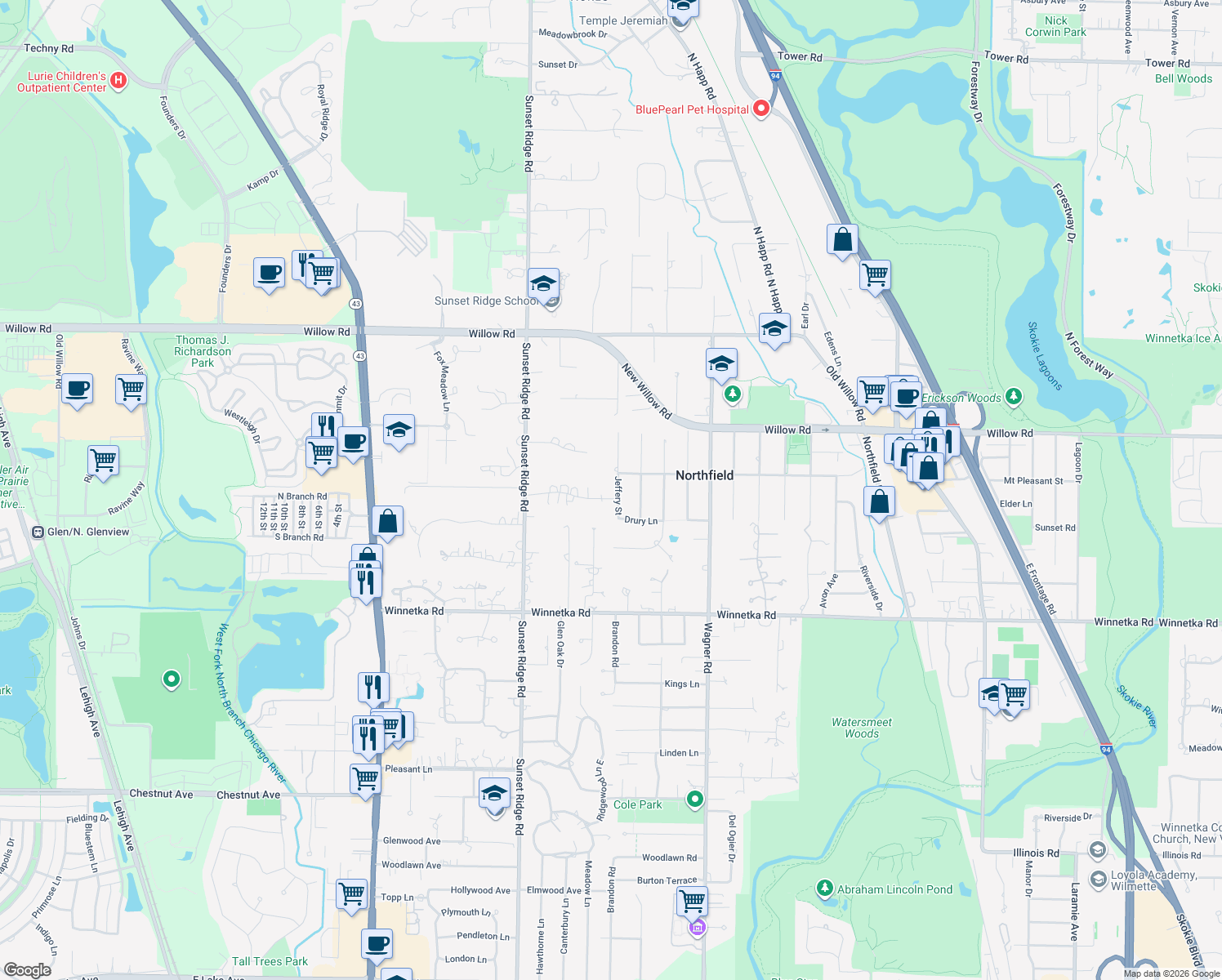 map of restaurants, bars, coffee shops, grocery stores, and more near 2207 Drury Lane in Northfield