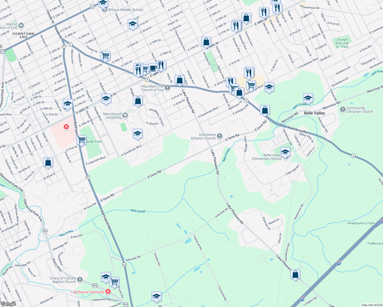 map of restaurants, bars, coffee shops, grocery stores, and more near 826 E Gore Rd in Erie