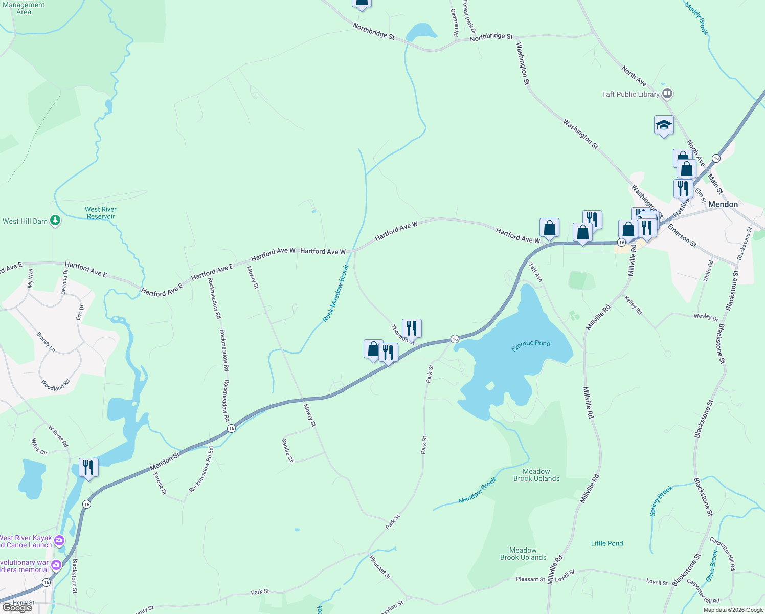 map of restaurants, bars, coffee shops, grocery stores, and more near 19 Thornton Street in Mendon