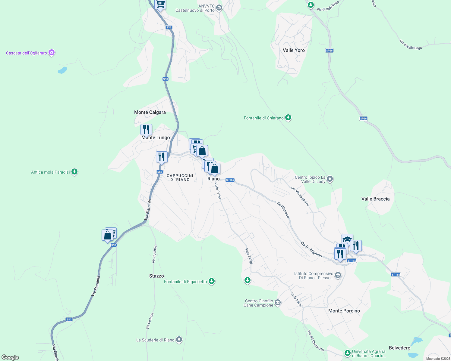 map of restaurants, bars, coffee shops, grocery stores, and more near 14 Via del Raccordo del Pontaccio in Riano
