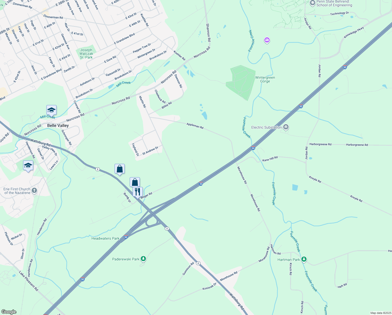 map of restaurants, bars, coffee shops, grocery stores, and more near 5905 Shepard Dr in Erie