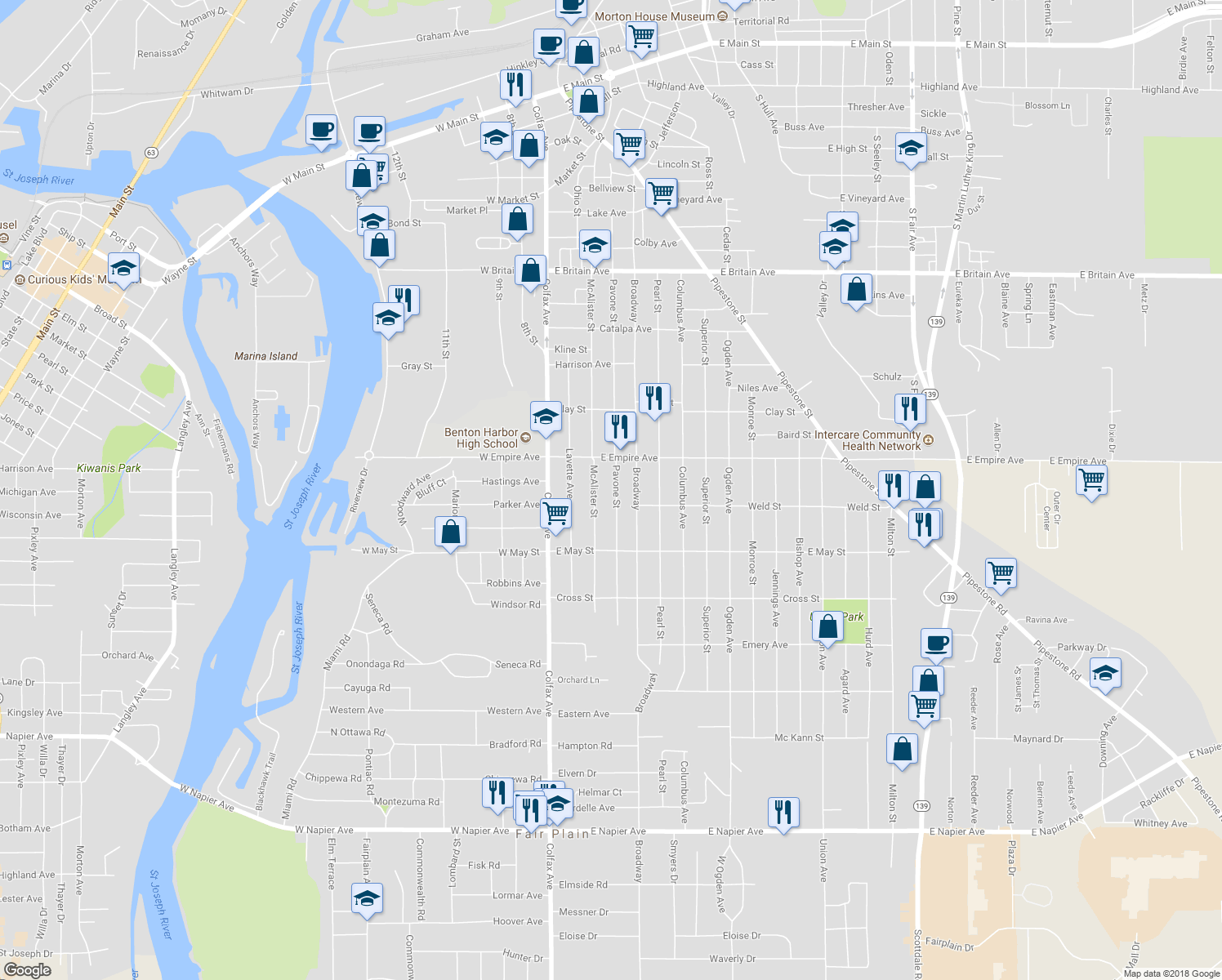 map of restaurants, bars, coffee shops, grocery stores, and more near 972 Pavone Street in Benton Harbor