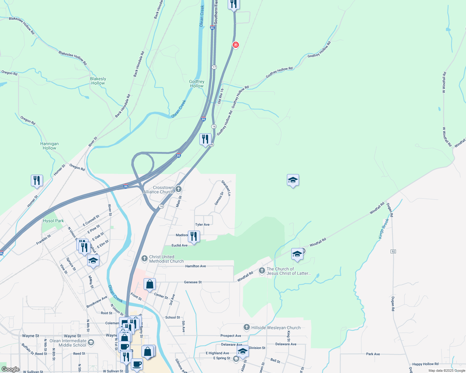 map of restaurants, bars, coffee shops, grocery stores, and more near 1805 Stardust Ln in Olean