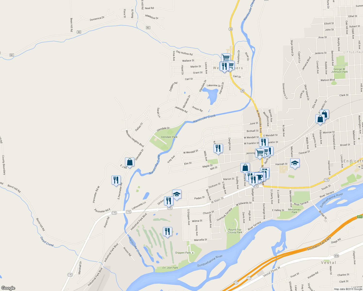 map of restaurants, bars, coffee shops, grocery stores, and more near 637 June Street in Endicott