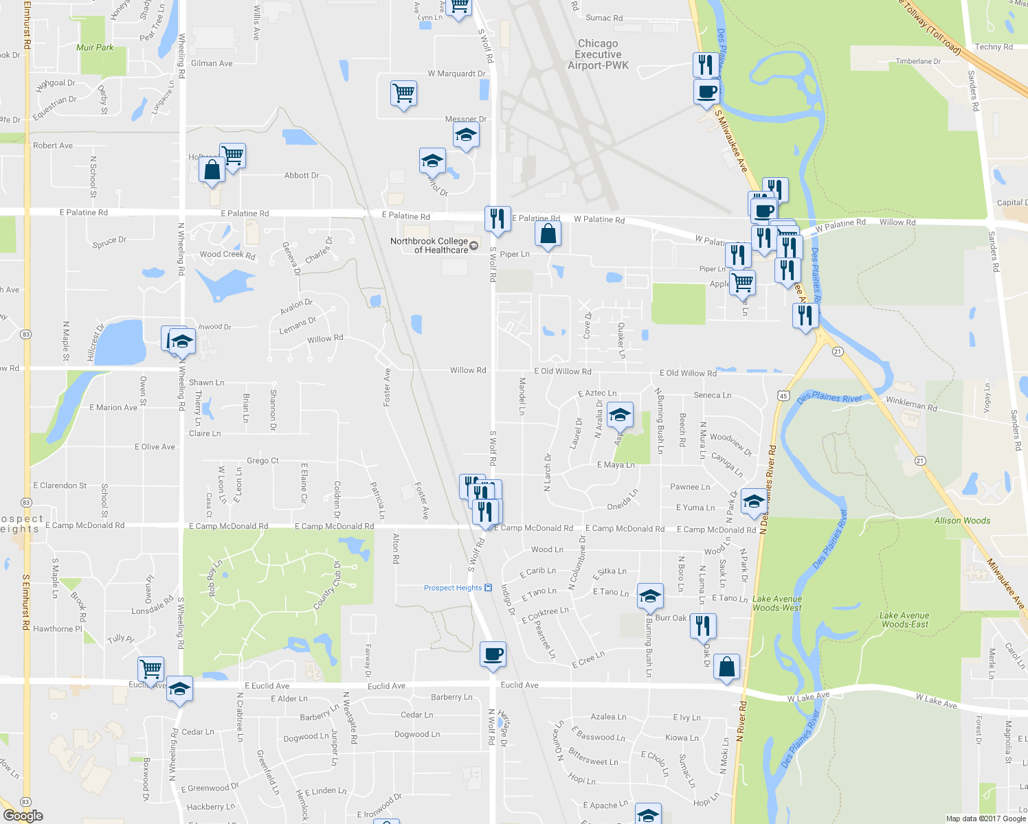 map of restaurants, bars, coffee shops, grocery stores, and more near 204 Mandel Lane in Prospect Heights