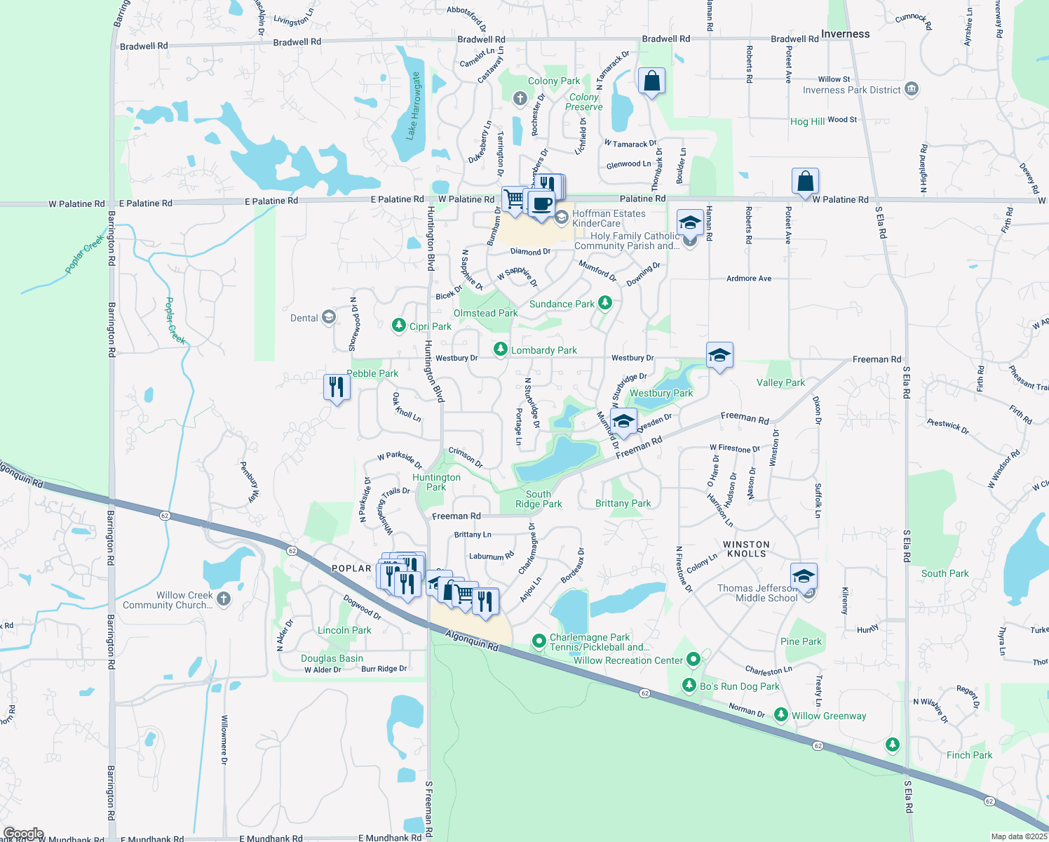 map of restaurants, bars, coffee shops, grocery stores, and more near 4235 Portage Lane in Hoffman Estates