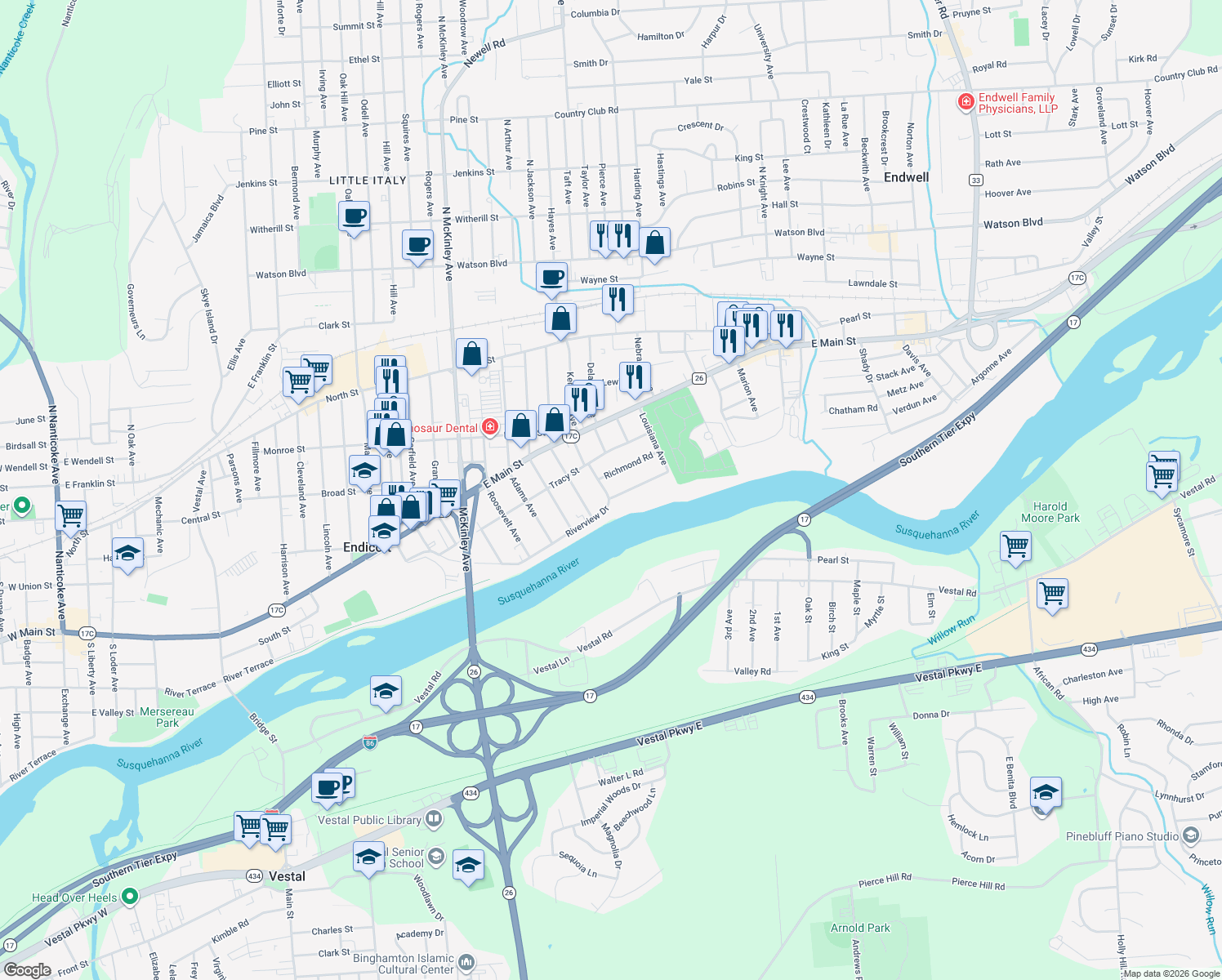 map of restaurants, bars, coffee shops, grocery stores, and more near 2101 Riverview Dr in Endicott