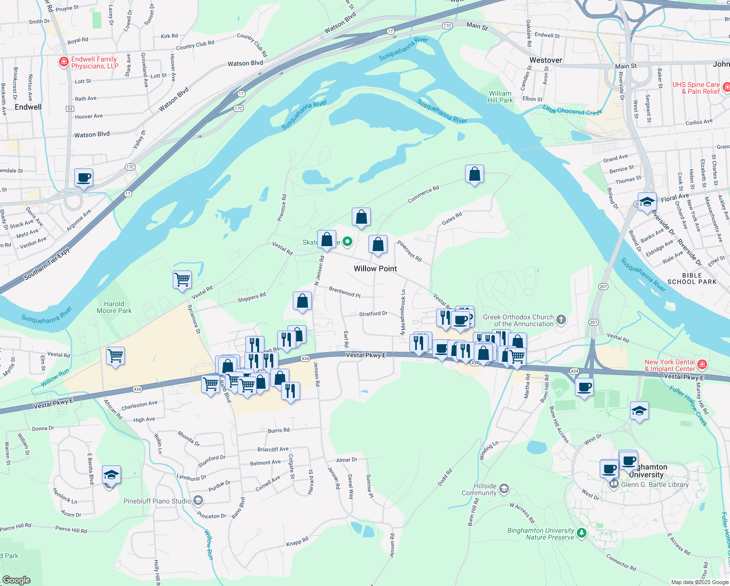 map of restaurants, bars, coffee shops, grocery stores, and more near 3421 Brentwood Place in Vestal