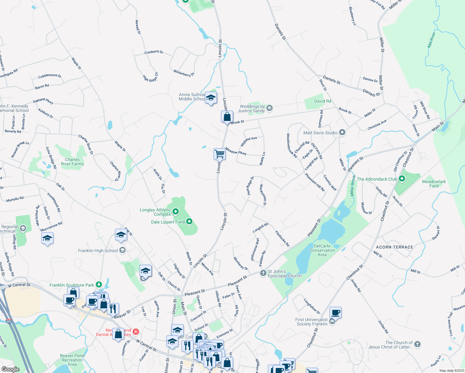 map of restaurants, bars, coffee shops, grocery stores, and more near 10 York Lane in Franklin