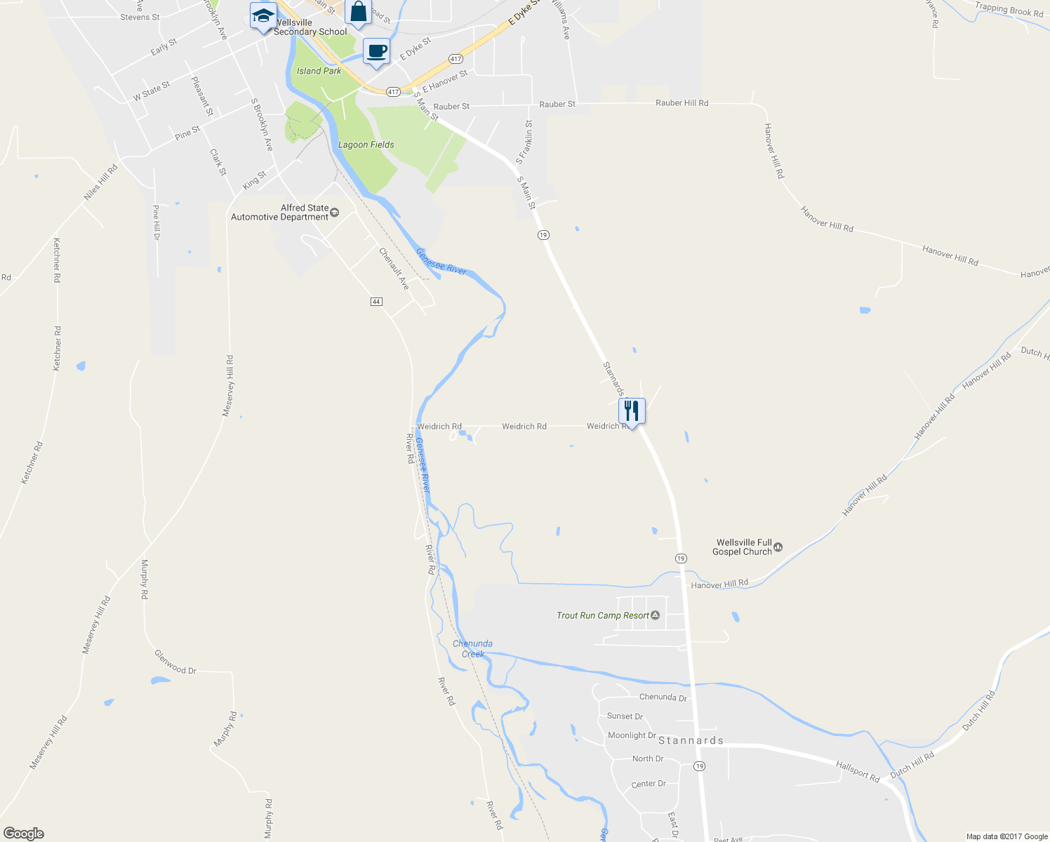 map of restaurants, bars, coffee shops, grocery stores, and more near 3592 Weidrich Road in Wellsville