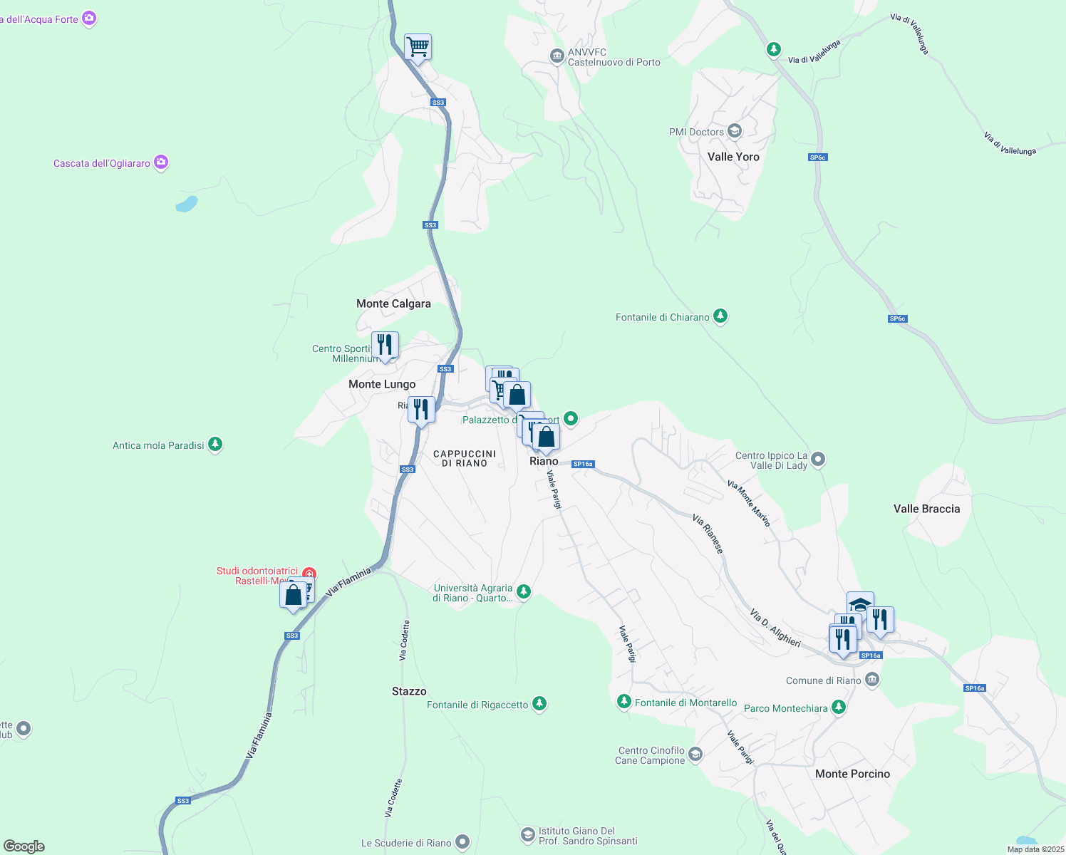 map of restaurants, bars, coffee shops, grocery stores, and more near 64 Via Giacomo Matteotti in Riano