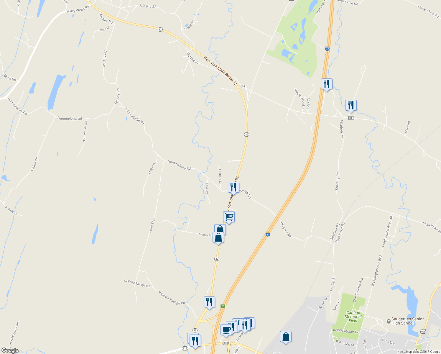 map of restaurants, bars, coffee shops, grocery stores, and more near 32 Leonard Lane in Saugerties