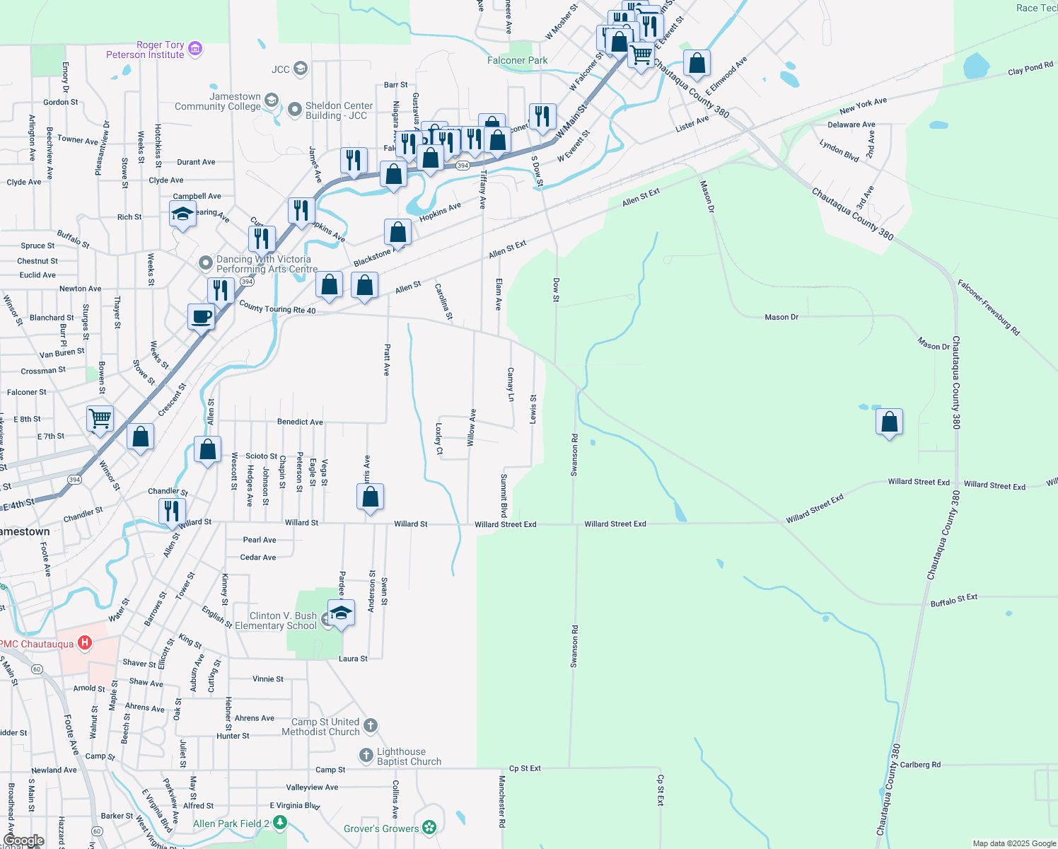 map of restaurants, bars, coffee shops, grocery stores, and more near 2337 Lewis Street in Jamestown