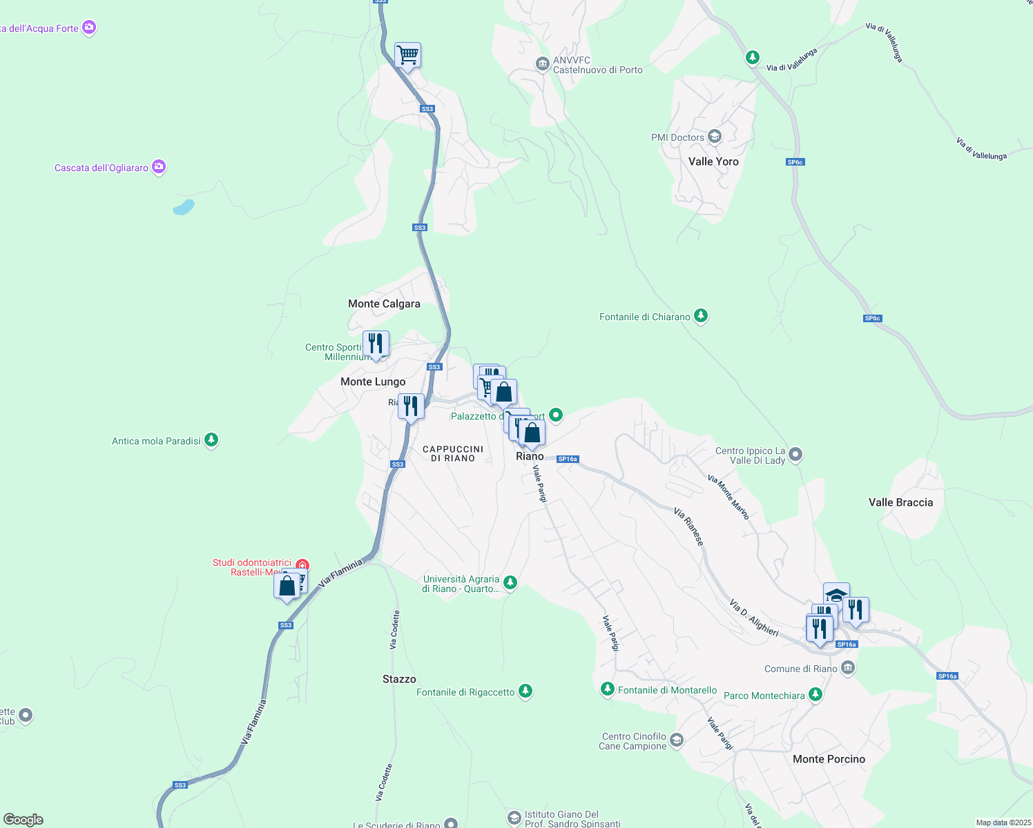 map of restaurants, bars, coffee shops, grocery stores, and more near 64 Via Giacomo Matteotti in Riano