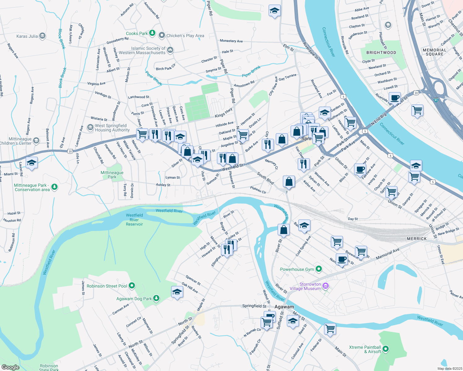 map of restaurants, bars, coffee shops, grocery stores, and more near 117 Hampden Street in West Springfield