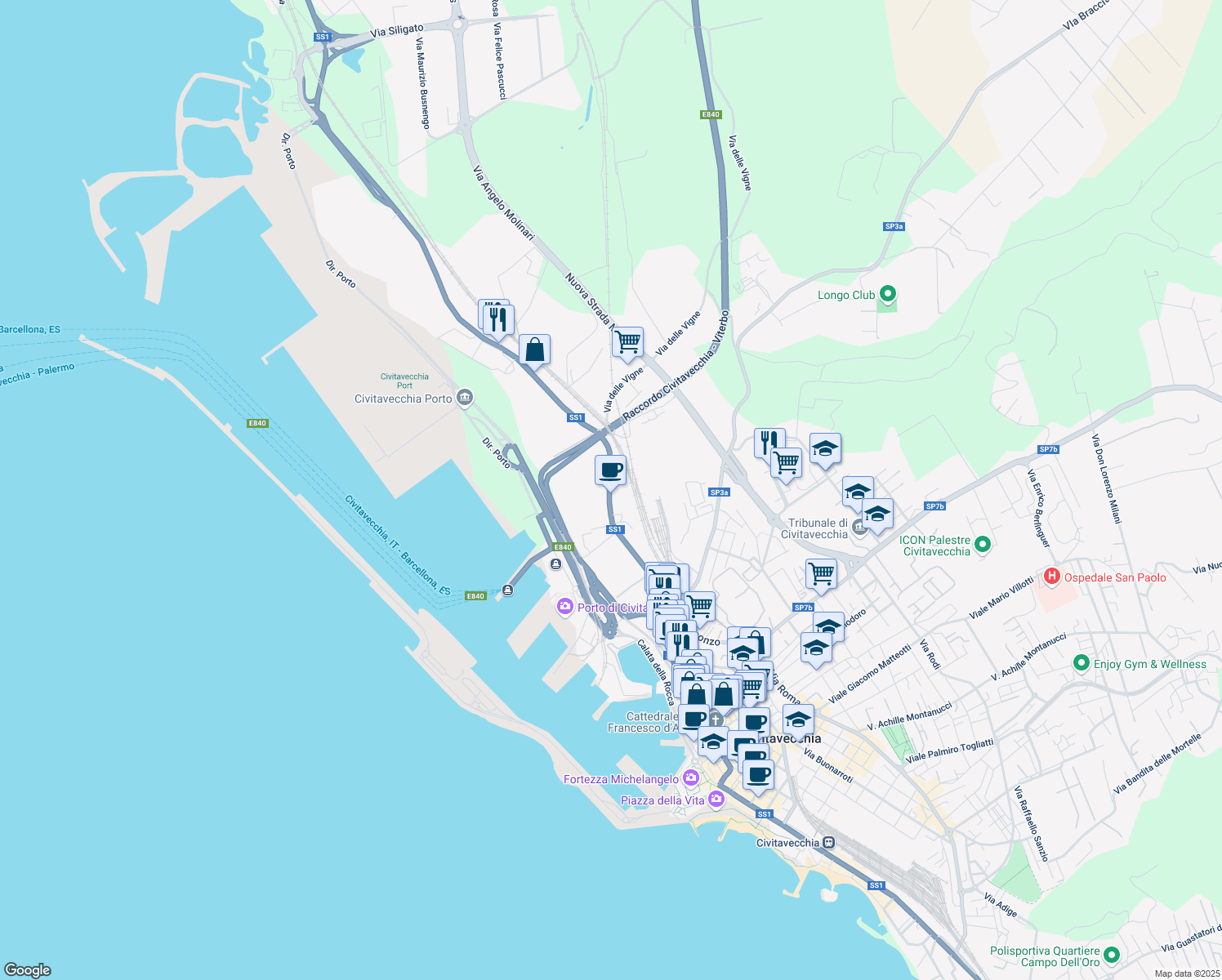 map of restaurants, bars, coffee shops, grocery stores, and more near 137 Via Tarquinia in Civitavecchia