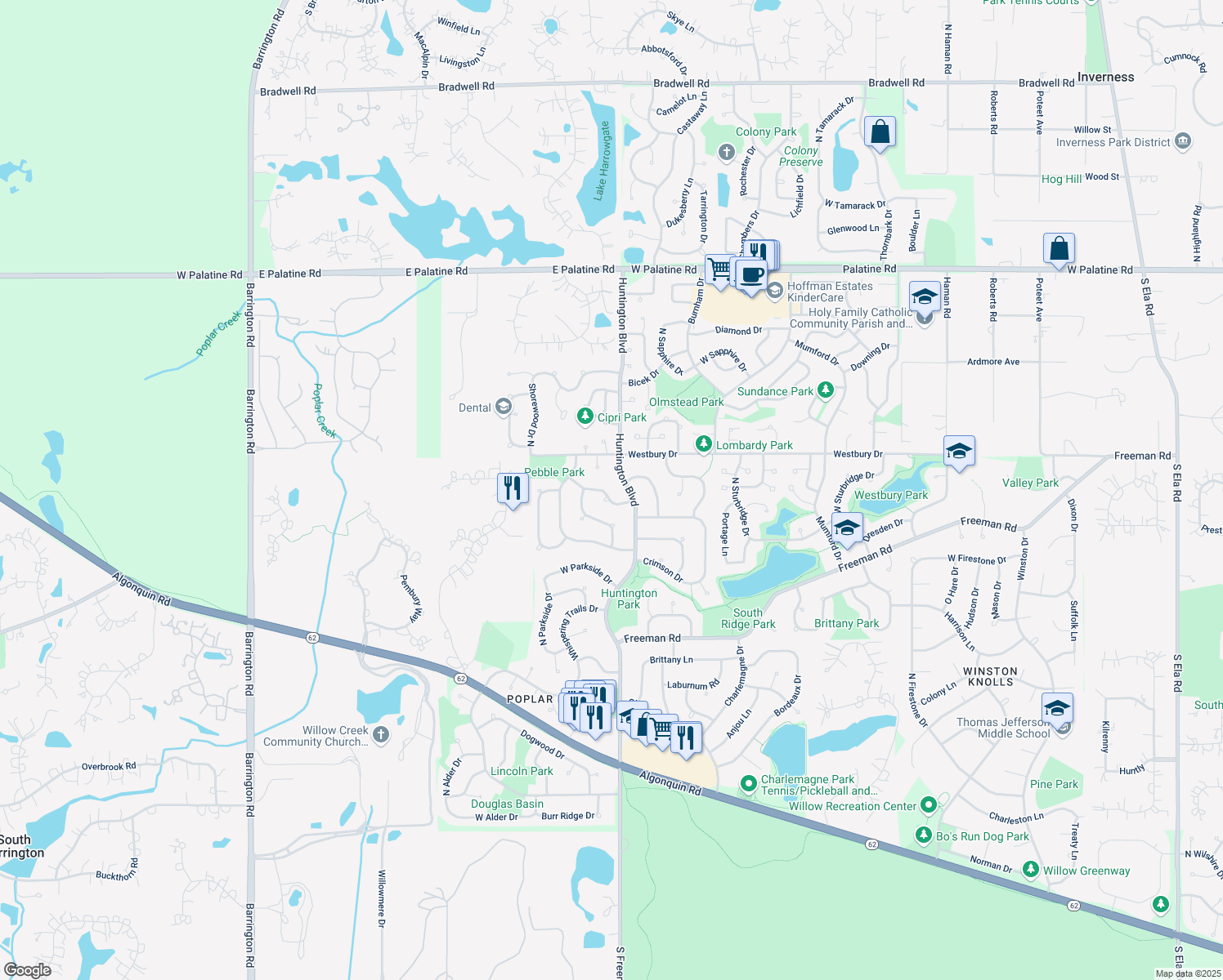 map of restaurants, bars, coffee shops, grocery stores, and more near 1740 Pebblewood Lane in Hoffman Estates