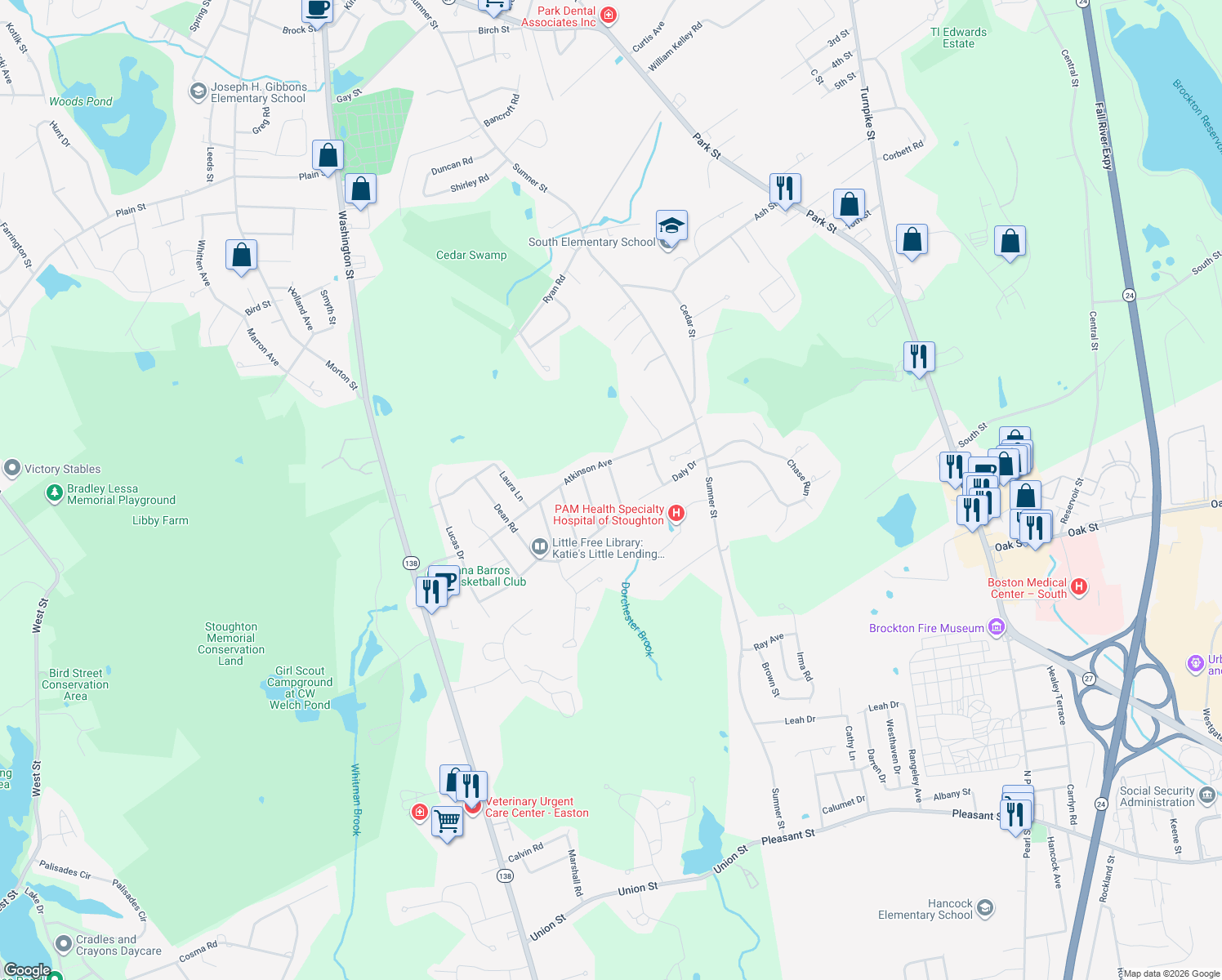 map of restaurants, bars, coffee shops, grocery stores, and more near 32 Farnham Road in Stoughton