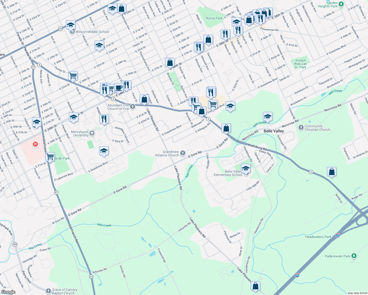 map of restaurants, bars, coffee shops, grocery stores, and more near 1123 Sara Ct in Erie