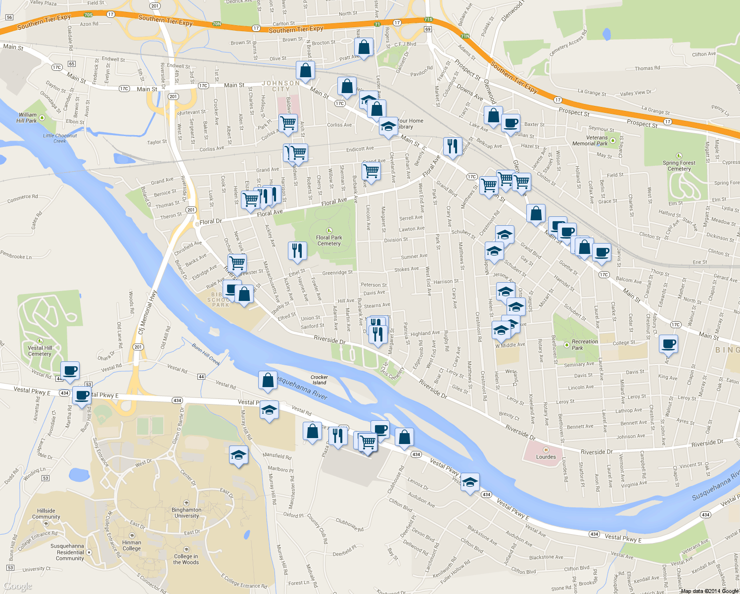 map of restaurants, bars, coffee shops, grocery stores, and more near 36 Davis Ave in Johnson City