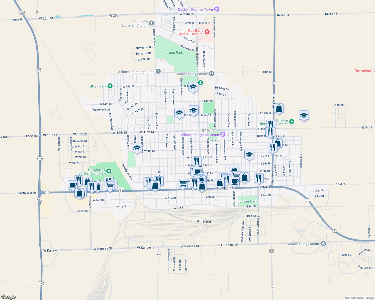 map of restaurants, bars, coffee shops, grocery stores, and more near 249 West 8th Street in Alliance