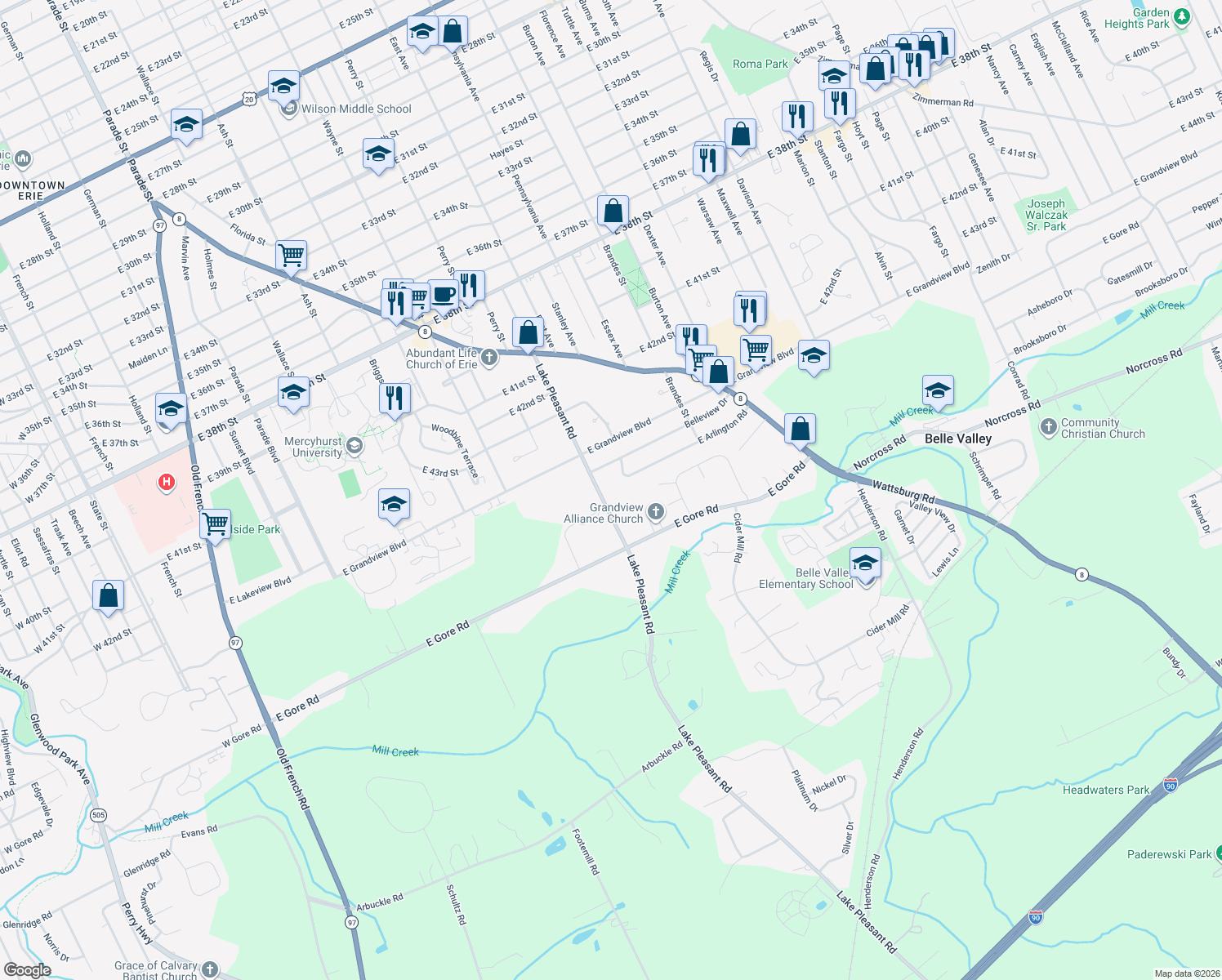 map of restaurants, bars, coffee shops, grocery stores, and more near 4711 Lake Pleasant Rd in Erie