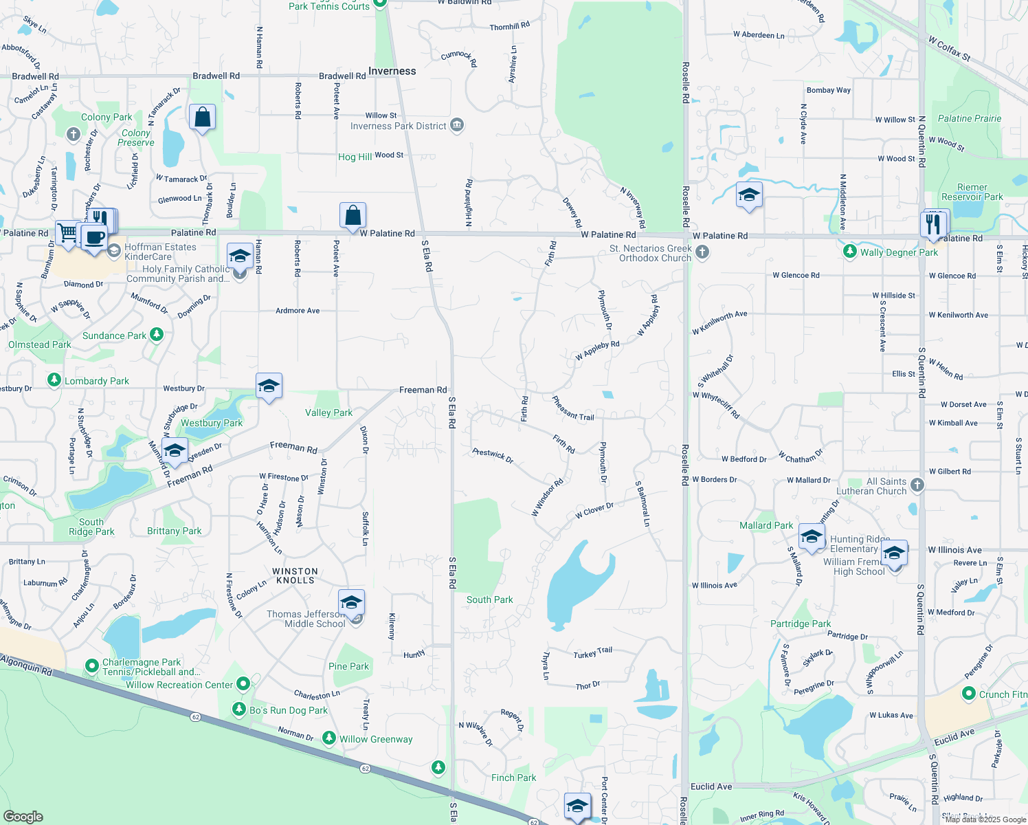 map of restaurants, bars, coffee shops, grocery stores, and more near 1812 Prestwick Drive in Inverness