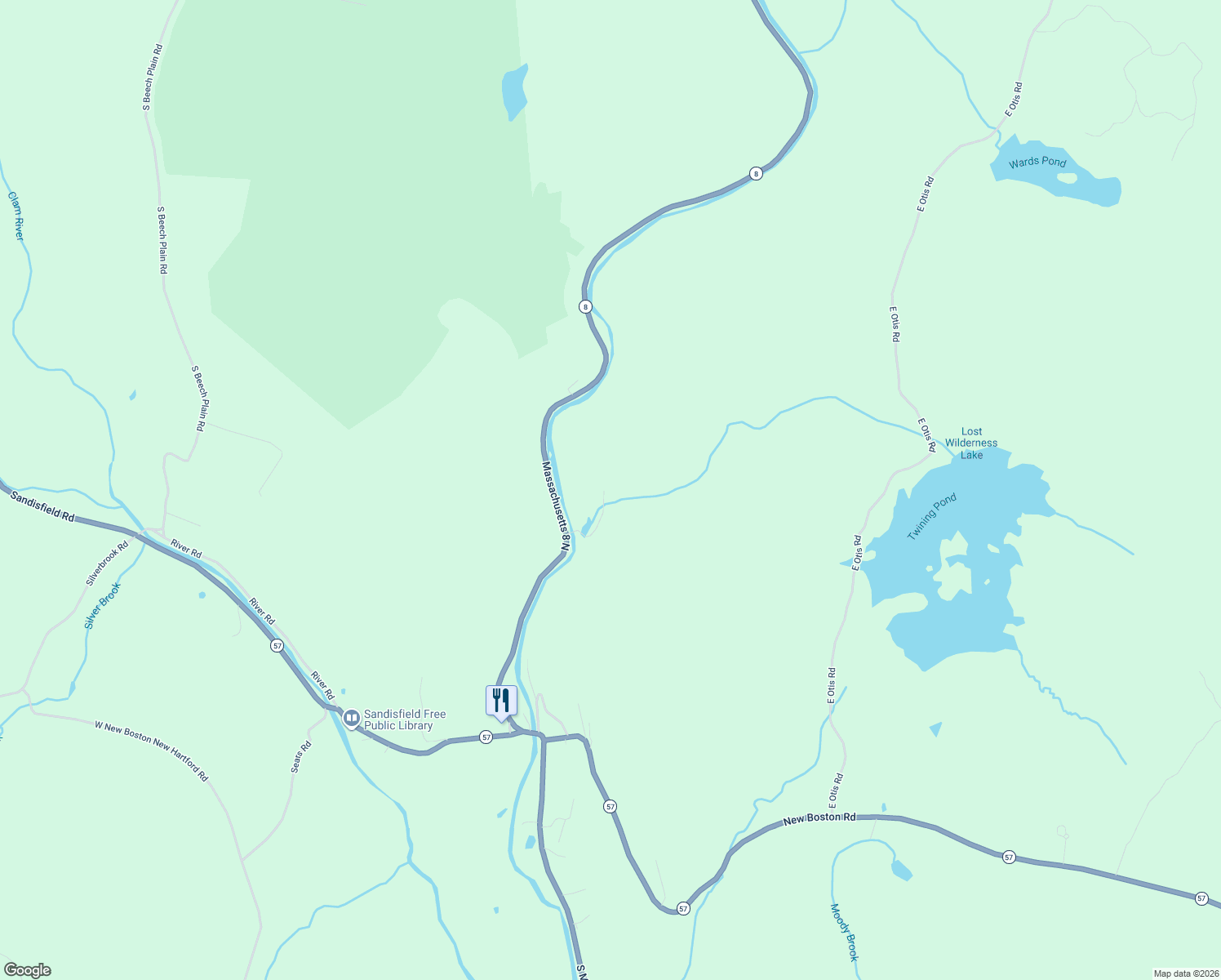 map of restaurants, bars, coffee shops, grocery stores, and more near Massachusetts 8 North in Sandisfield