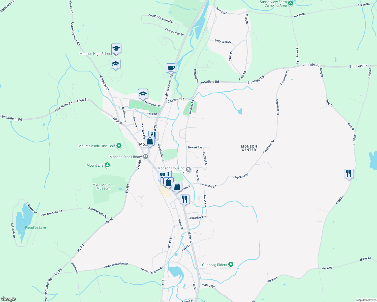 map of restaurants, bars, coffee shops, grocery stores, and more near 19 Bethany Road in Monson