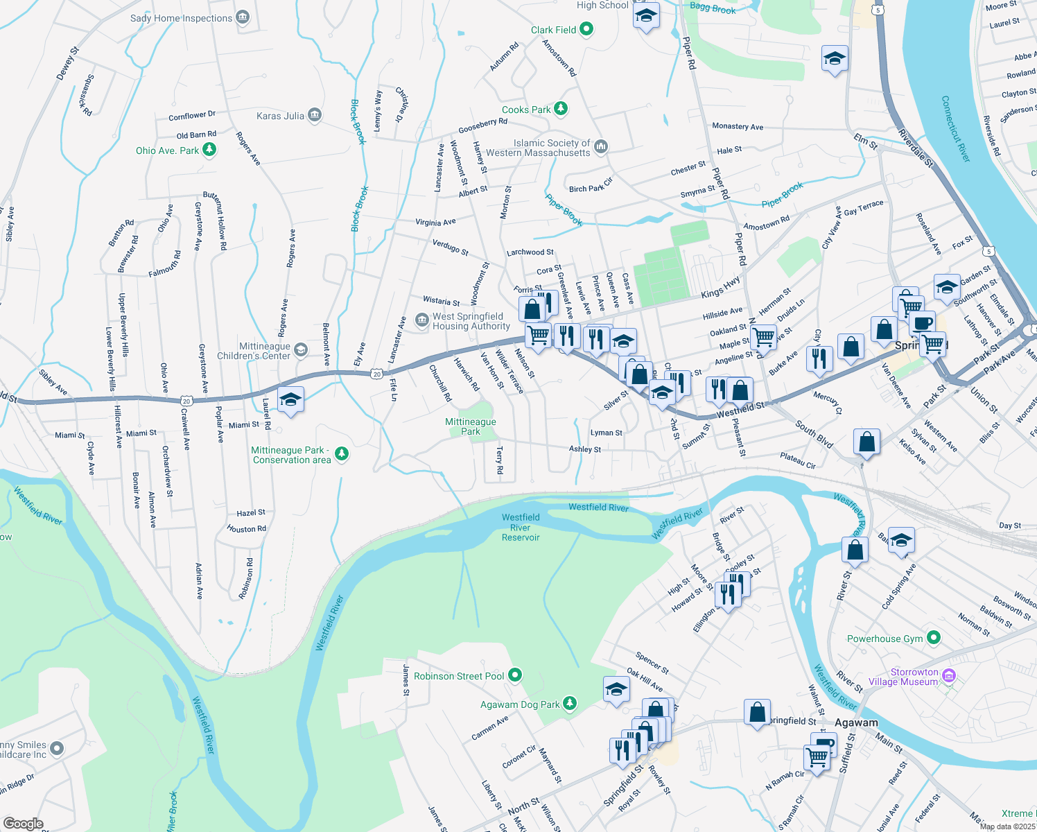 map of restaurants, bars, coffee shops, grocery stores, and more near 125 Van Horn Street in West Springfield