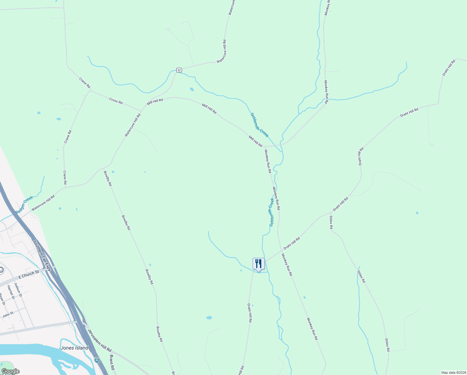 map of restaurants, bars, coffee shops, grocery stores, and more near 365 Monkey Run Road in Elmira