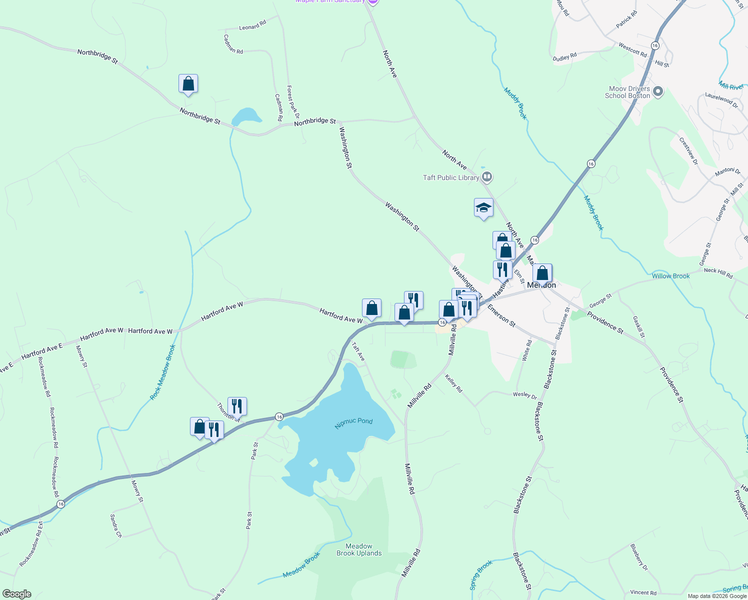 map of restaurants, bars, coffee shops, grocery stores, and more near 3 Hartford Avenue West in Mendon
