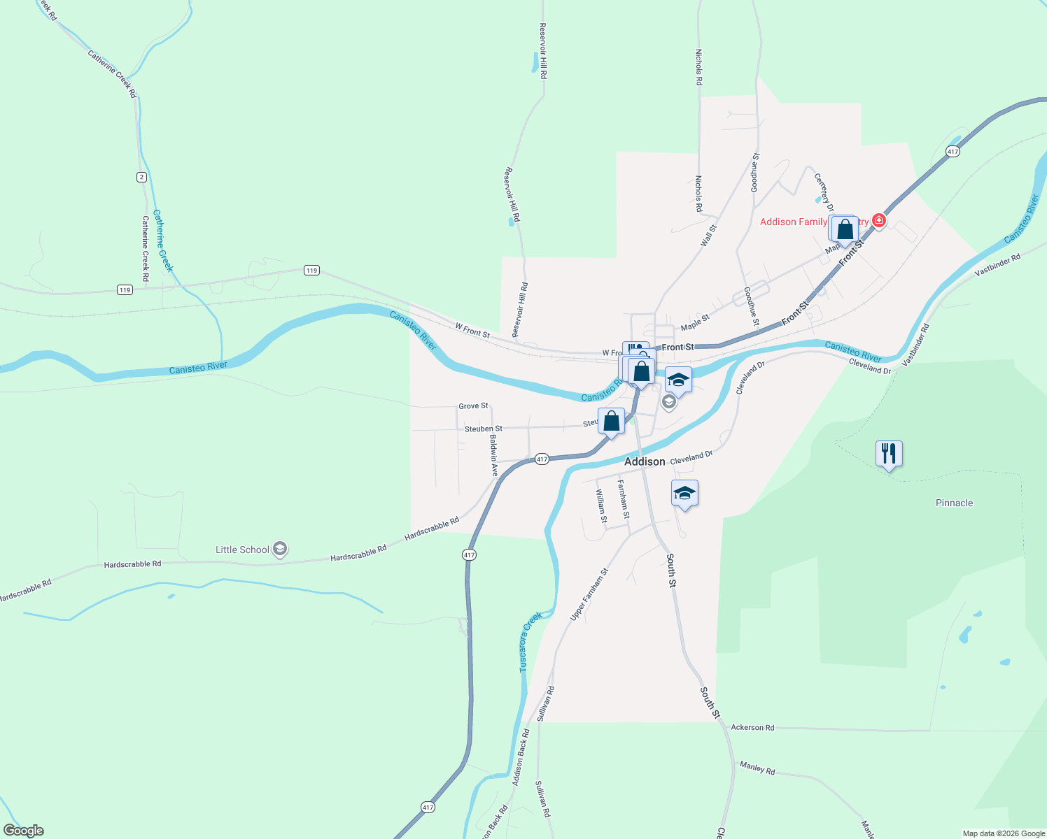 map of restaurants, bars, coffee shops, grocery stores, and more near 63 Steuben St in Addison