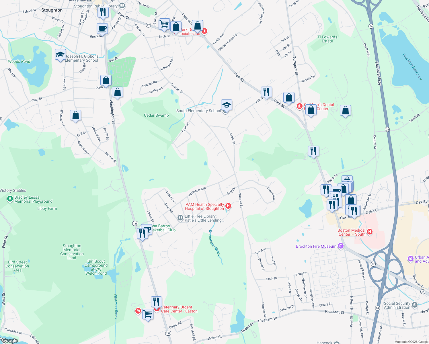 map of restaurants, bars, coffee shops, grocery stores, and more near 48 Fitzpatrick Street in Stoughton