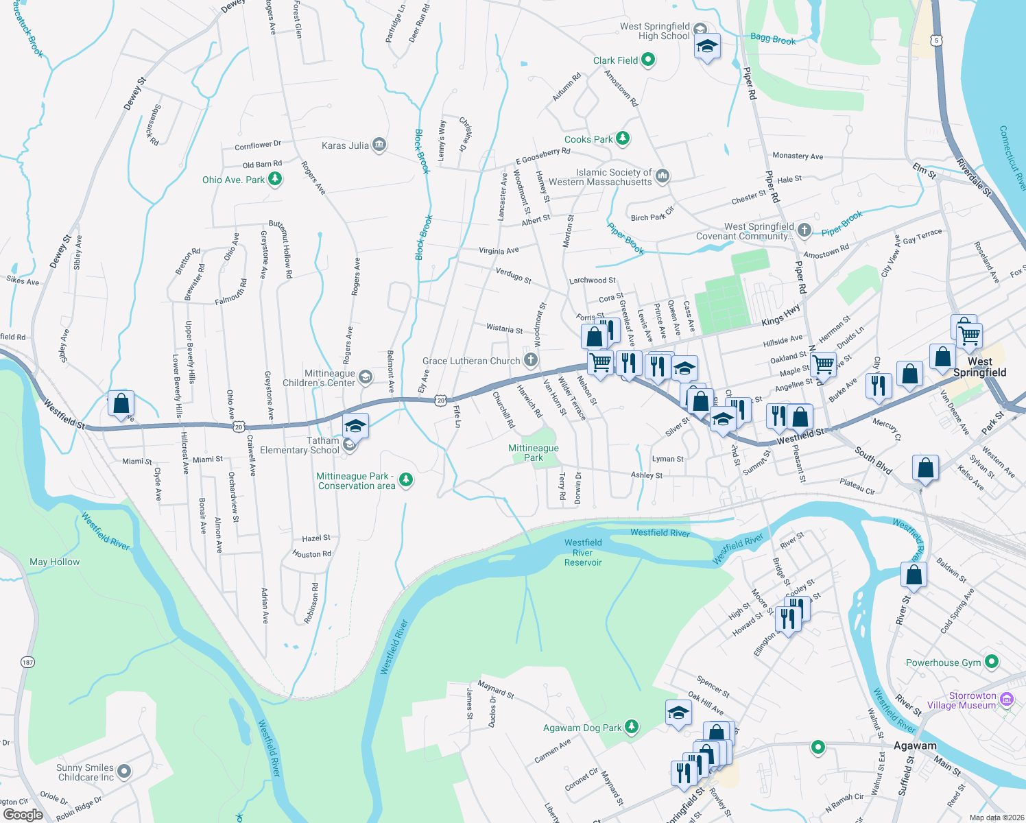map of restaurants, bars, coffee shops, grocery stores, and more near 51 Churchill Rd in West Springfield