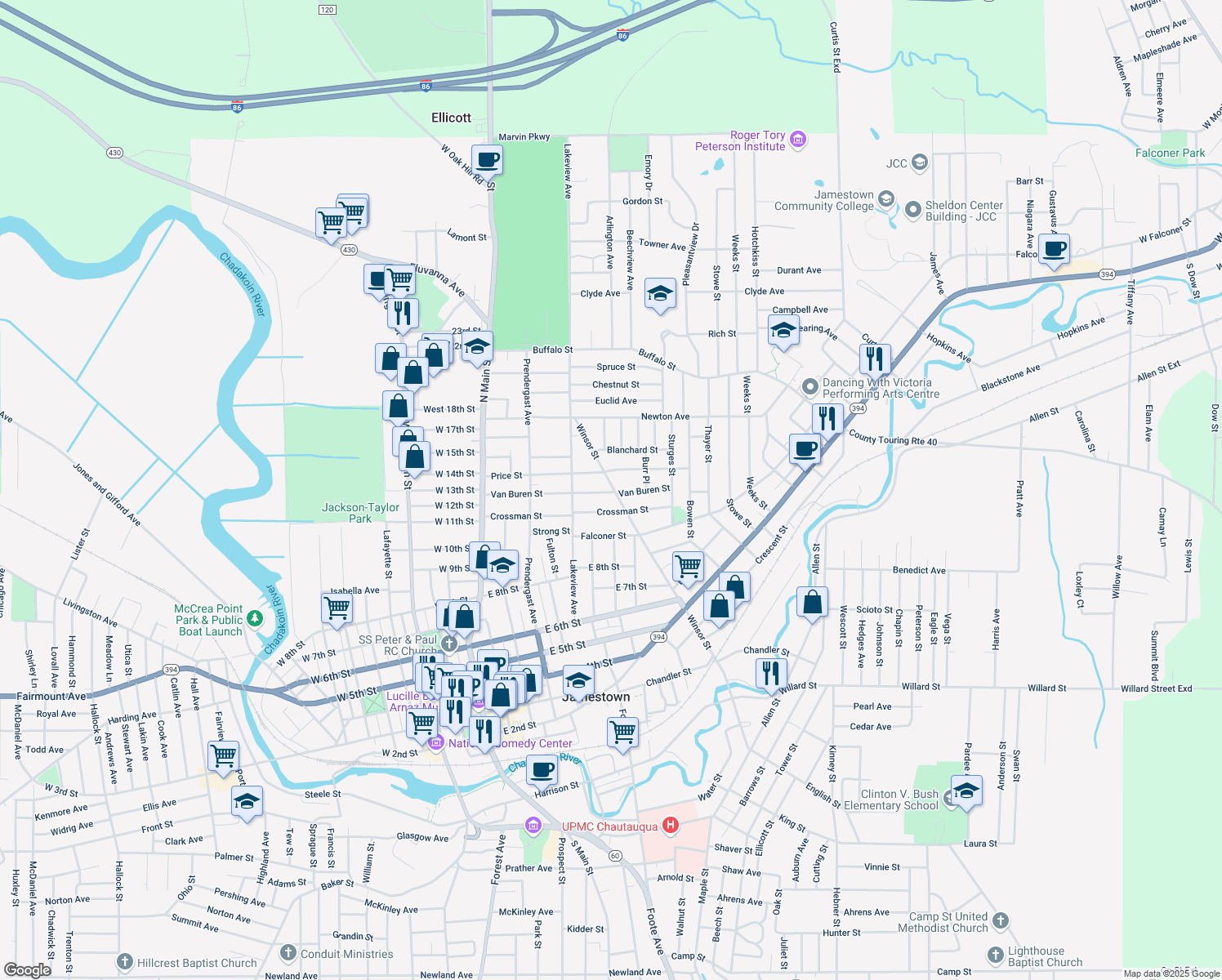 map of restaurants, bars, coffee shops, grocery stores, and more near 532 Winsor Street in Jamestown
